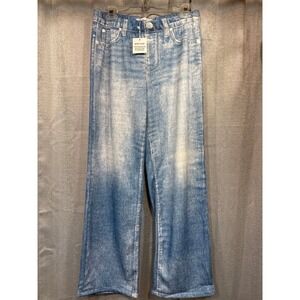 Mila Rosabella Womens Trompe L'oeil Denim Print Wide Leg Lounge Pants Blue L NWT